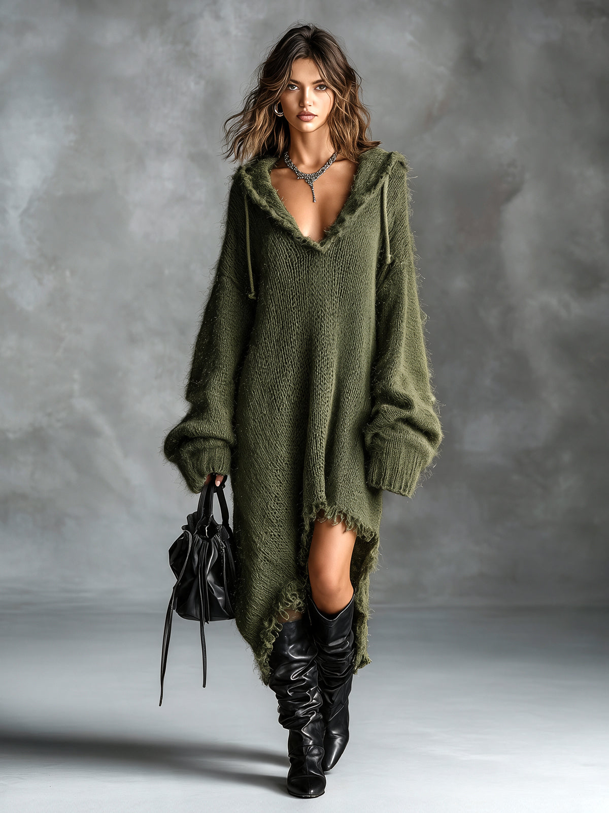 Linden | Vestido Midi de Punto Afelpado con Capucha