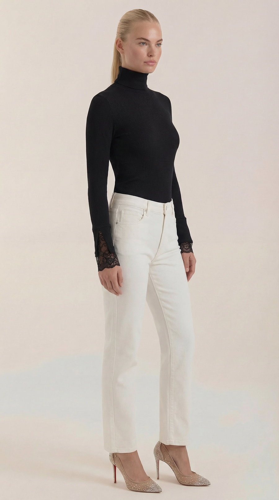 'Beth' Turtleneck sweater with textured lace cuffs