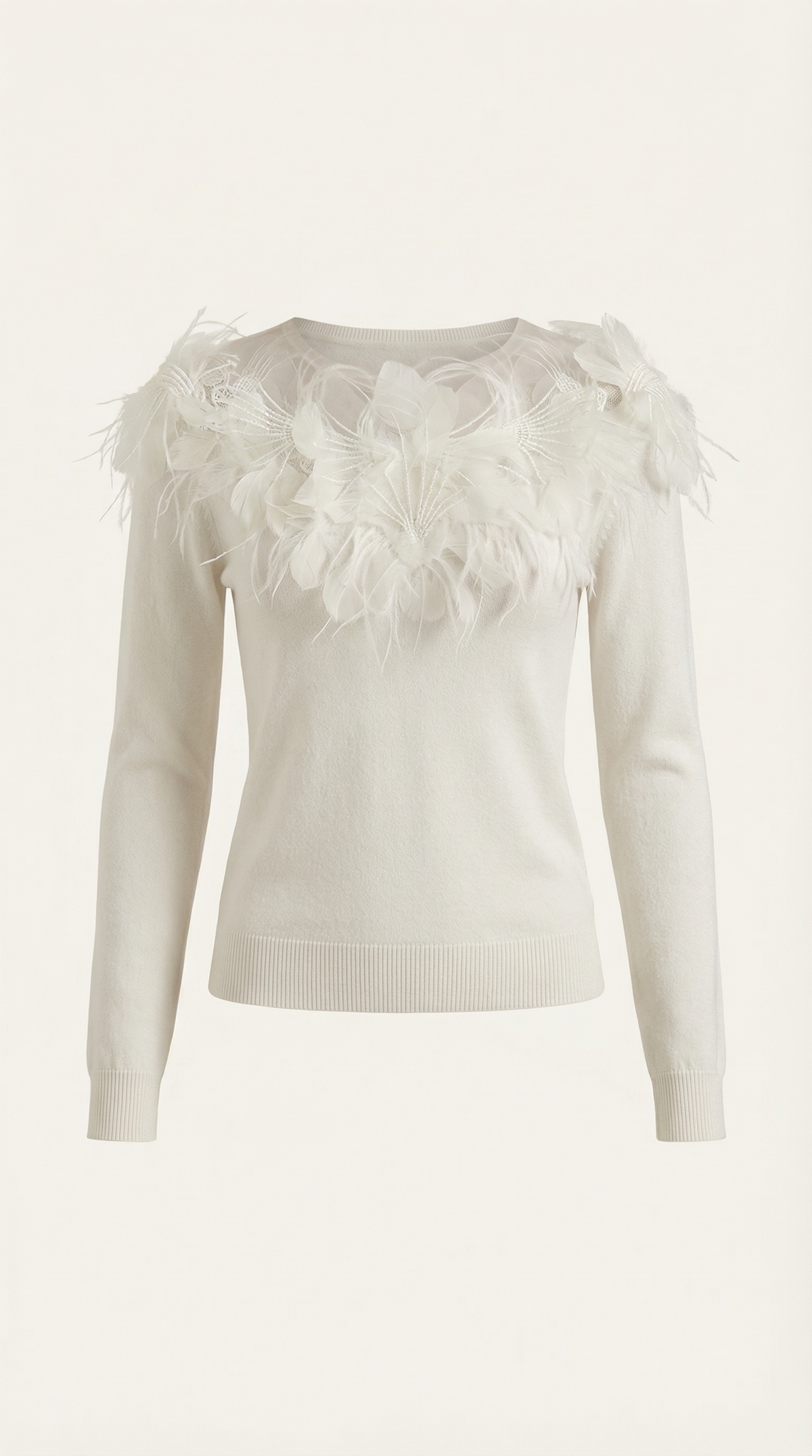 Knitted sweater with feather embellishments
