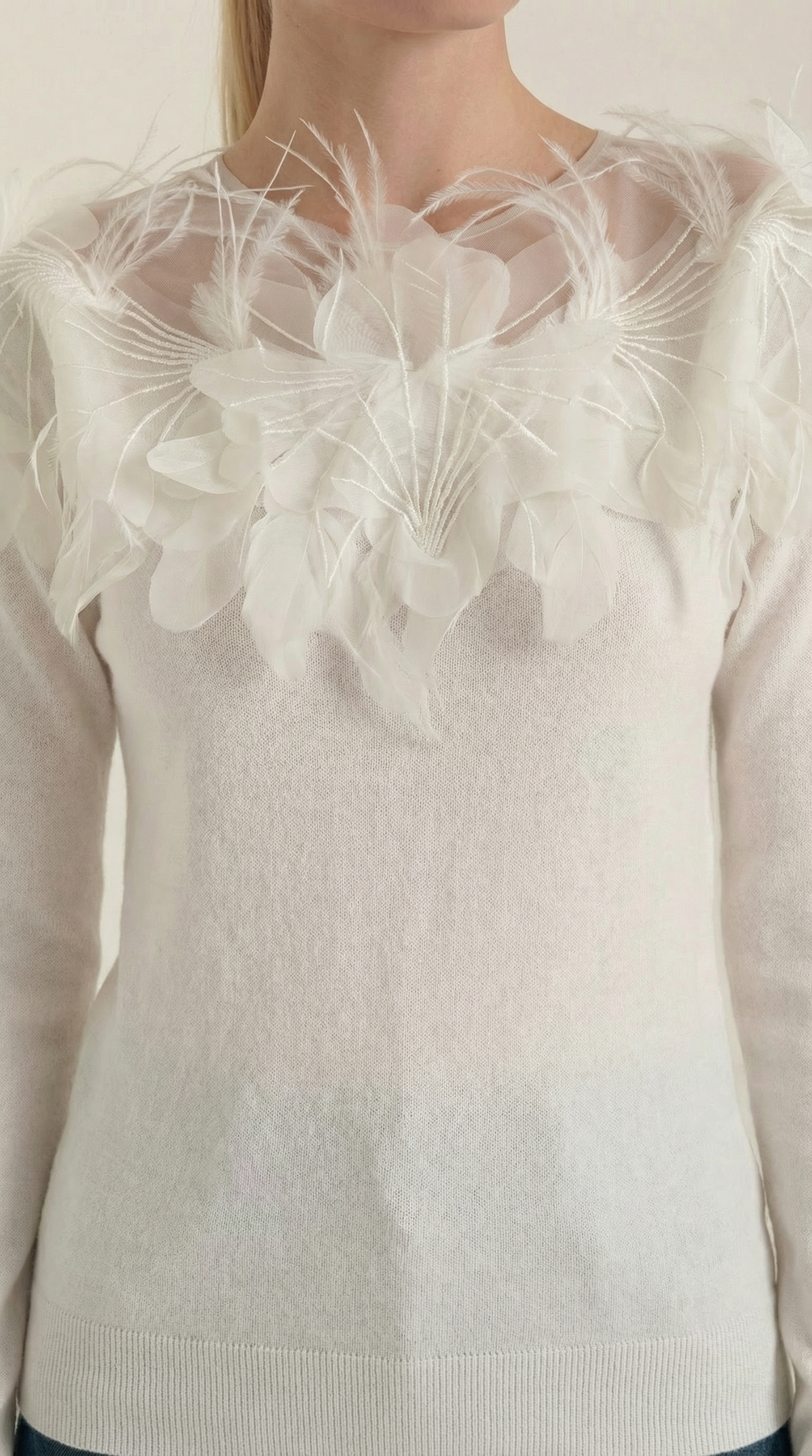 Knitted sweater with feather embellishments
