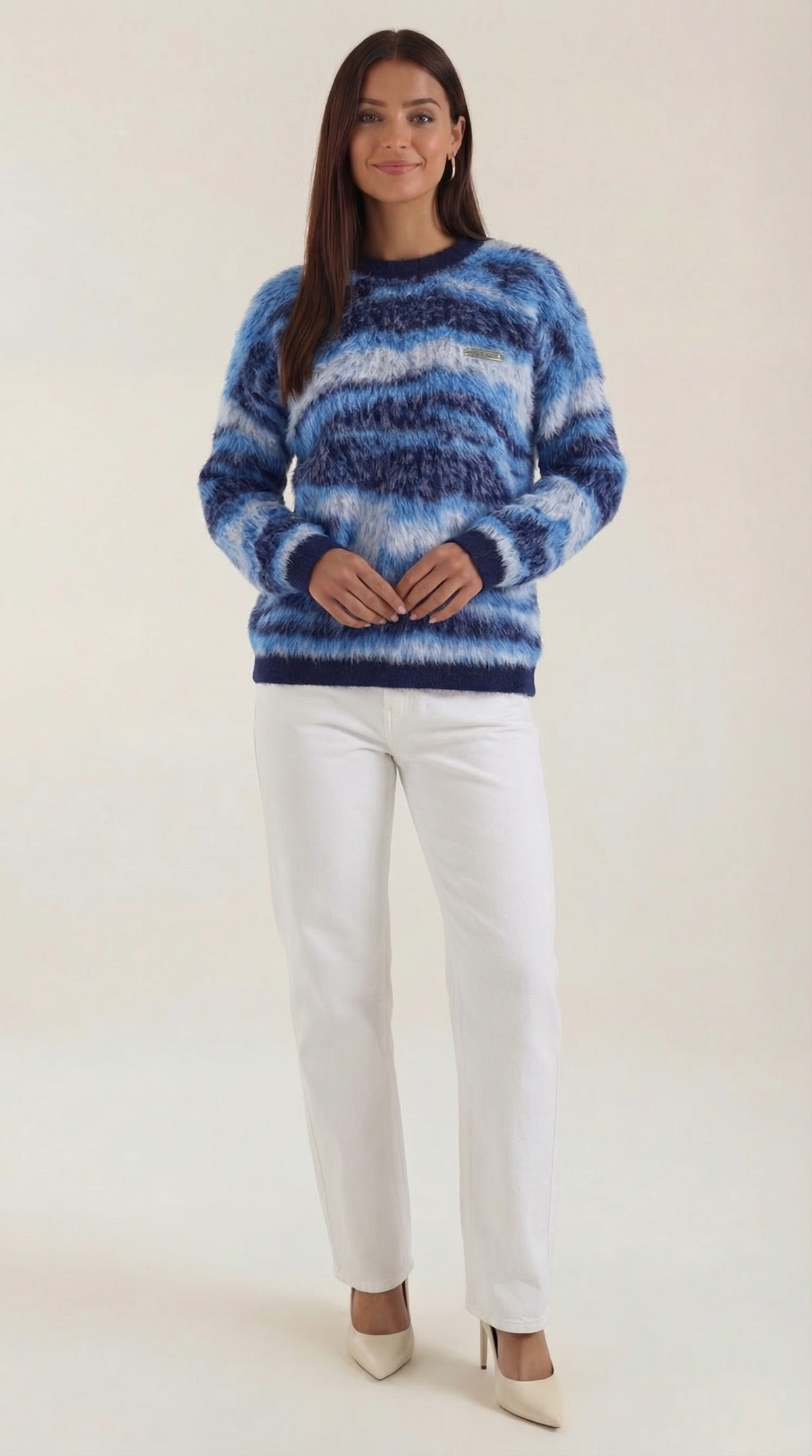 Long knit sweater with printed design